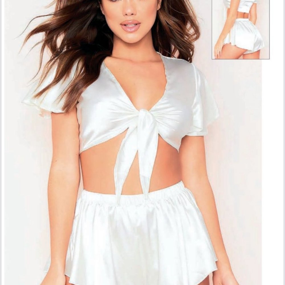 Women's Lingerie Satin Sleepwear Nightdress Sleep Short Front Tie Crop Top Cami.